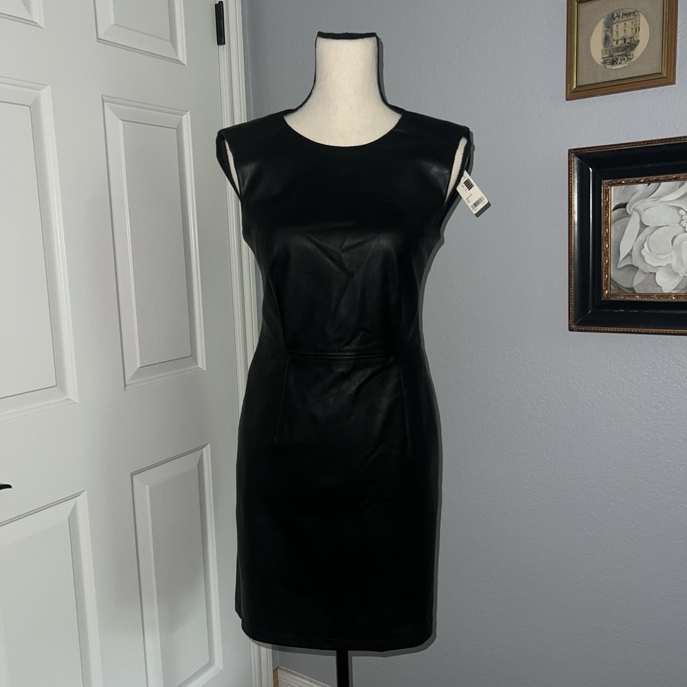 New Esprit Vegan Leather Sz 4 Black Sleeveless Short Dress NWT Pockets Back‎ Zip
